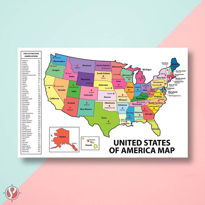 United States Map - USA Poster, US Educational Map - With State Capital - for Ages Kids to Adults- Home School Office - Printed on 12pt. Glossy Card Stock | Bulk Pack of 10 | 12 x 18 Inches