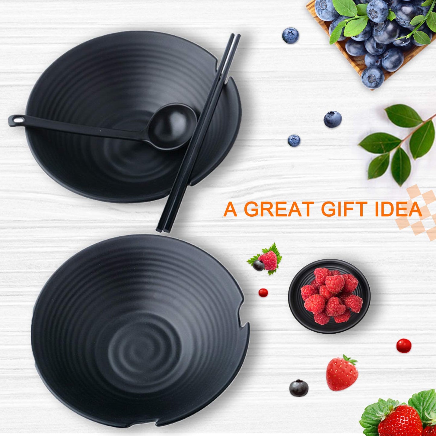 Vivimee Unbreakable Japanese Style Ramen Bowl Set of 2, 37oz Black Large Matte Melamine Bowls and Spoons Set with Chopsticks & Saucers for Pho Thai Miso Udon Soup Noodles or Asian Food