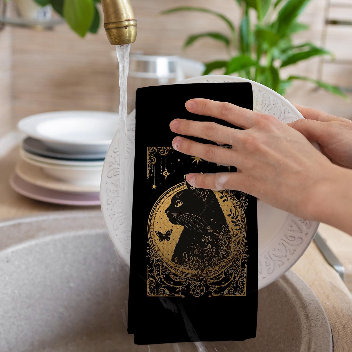 GWFSJYU Gothic Tarot Cat Kitchen Towels, Witchy Black Gold Dish Tea Towels for Kitchen, Witchy Cat Gifts for Cats Lovers Women, Cats Decorative Hand Towels for Bathroom, 16x24 Inch