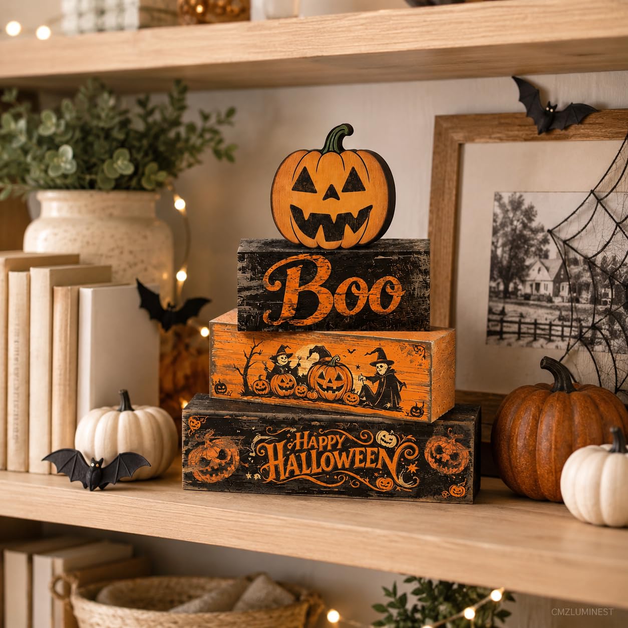 4 Pcs Halloween Decorations Scary Pumpkin Wooden Signs Farmhouse Rustic Tiered Tray Decor Boo Happy Halloween Tabletop Centerpiece for Home Kitchen Shelf Mantel
