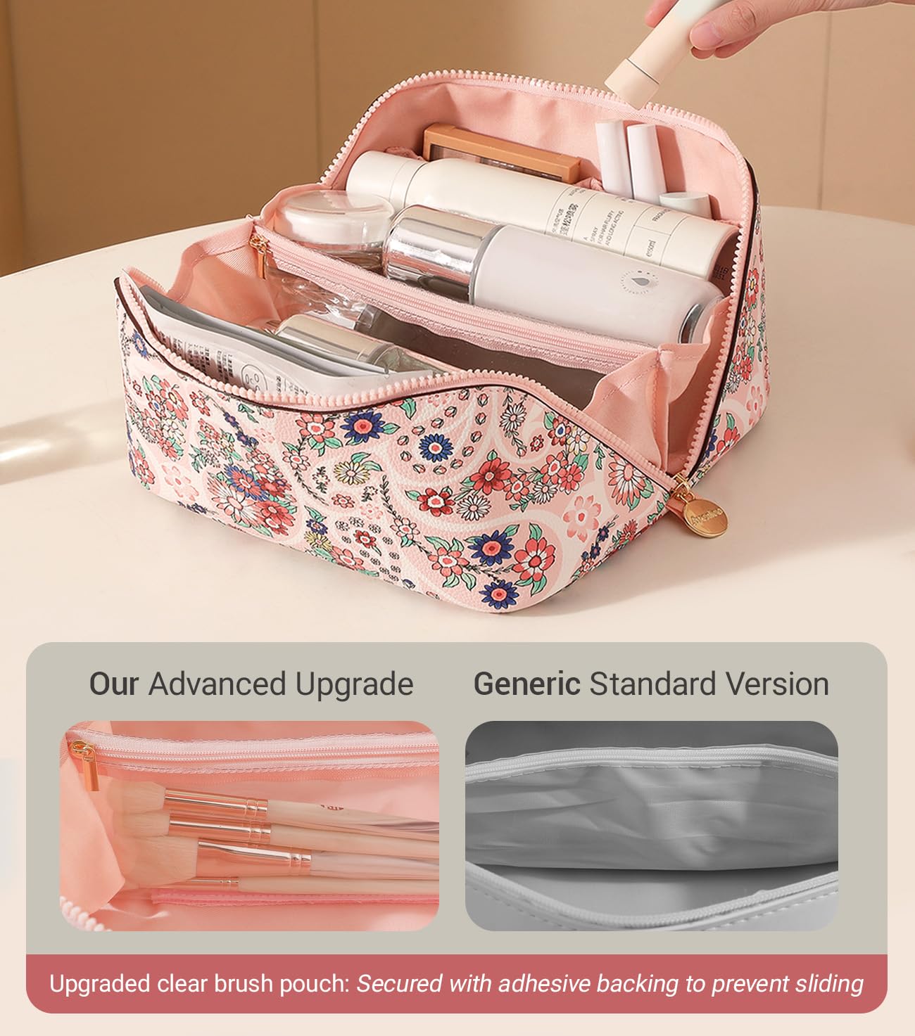 Aveniee Travel Makeup Bag for Women, Large Cosmetic Organizer with Open-Flat Design, Clear Divider & Handle - Waterproof PU Leather Toiletry Case (Floral Pattern)