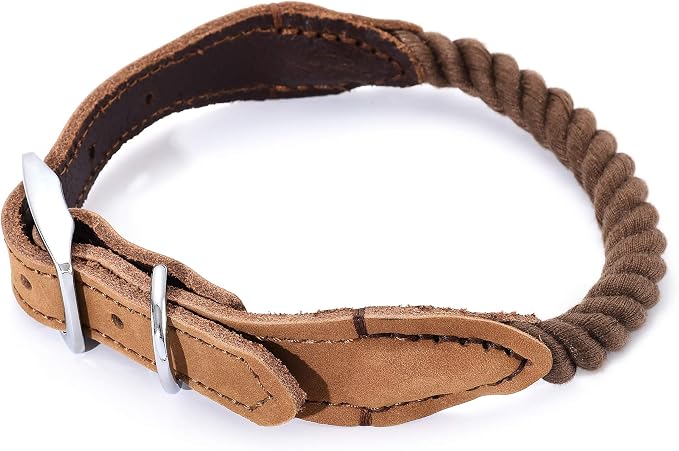 Mile High Life Genuine Leather Dog Collar, Durable Braided Cotton Rope Collar with Metal Pin Buckle for Small Medium Large Dogs (Dark Brown, L Neck 17"-21")