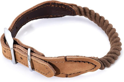 Mile High Life Genuine Leather Dog Collar, Durable Braided Cotton Rope Collar with Metal Pin Buckle for Small Medium Large Dogs (Dark Brown, L Neck 17"-21")