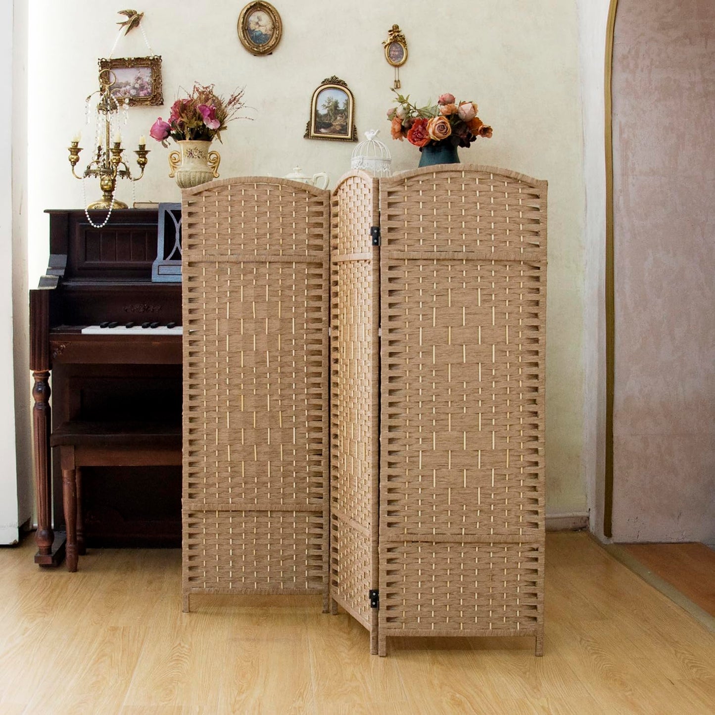 Pawlabay Compact 3 Panel Short Room Divider, 47.2 Inch Tall Double-Sided Rattan Folding Privacy Screen for Home & Office,Light Brown
