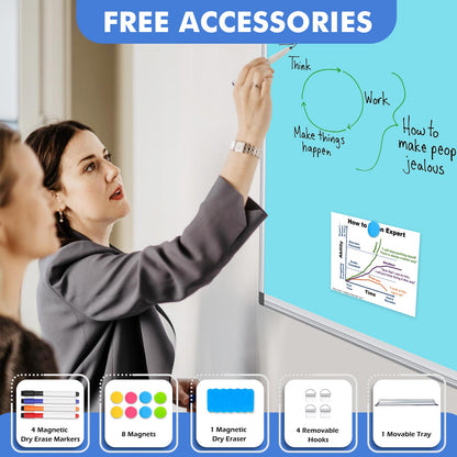 WALGLASS Magnetic Whiteboard 24"x18" Dry Erase White Board for Walls with Pen Tray, Aluminium Frame and Dry-Wipe Writing Surface for School, Home, and Office (Blue)