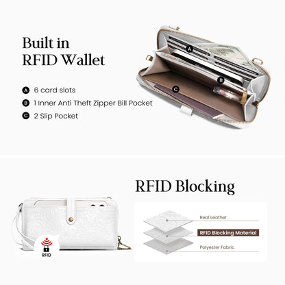 befen Genuine Leather Wallet Purse for Women, White Purse Cell Phone Crossbody with Built in Wallet Soft Real Leather Crossbody Bag with RFID Blocking Travel Small Cluth Purse with 2 Removable Strap