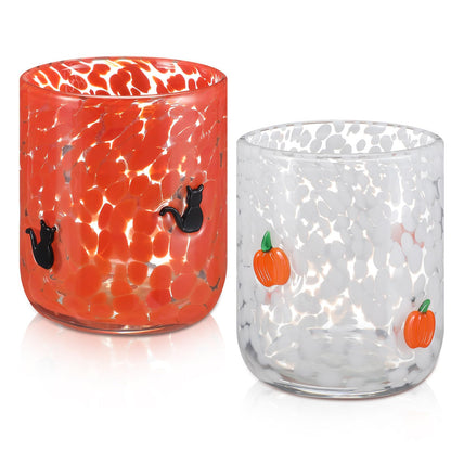 Skylety 2 Pcs Halloween Icon Juice Glasses - Orange Pumpkin & Black Cat Icon Stemless Coffee Cocktail Glassware Cup for Halloween Fall Thanksgiving Party Gift