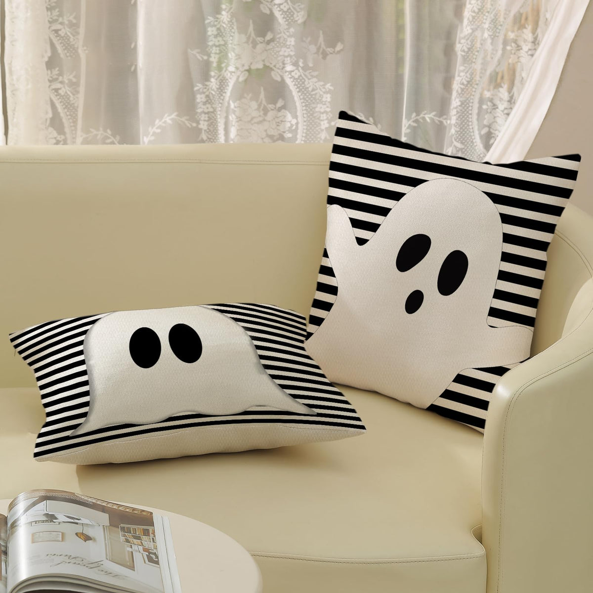 JEFERSO Halloween Pillow Covers 20x20 Set of 2 Black Stripes Cute White Ghost Throw Pillows Halloween Decorations Outdoor Pillowcase Halloween Home Decor Linen Farmhouse Cushion Case for Couch Sofa
