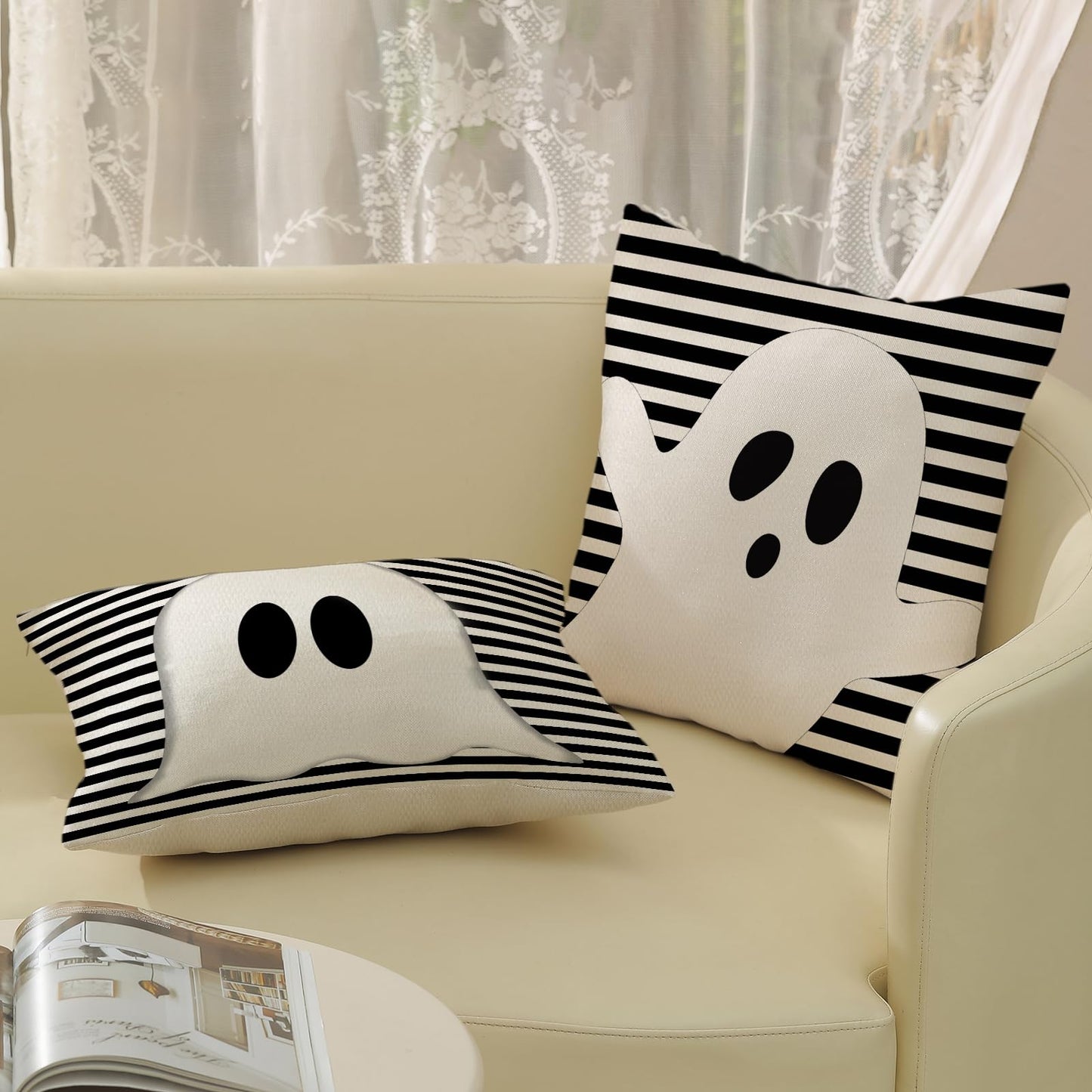 DAFENA Halloween Pillow Covers 18x18 Inch 2 Pcs Black Striped Cream Cute Spooky Ghost Fall Decor Throw Pillows Autumn Outdoor Seasonal Decoration Pillowcase Linen Cushion Cover for Couch Sofa