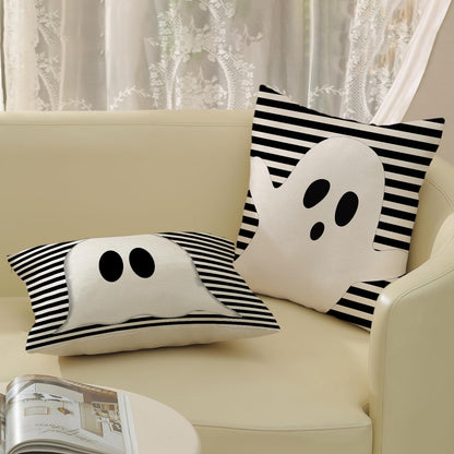 DAFENA Halloween Pillow Covers 18x18 Inch 2 Pcs Black Striped Cream Cute Spooky Ghost Fall Decor Throw Pillows Autumn Outdoor Seasonal Decoration Pillowcase Linen Cushion Cover for Couch Sofa