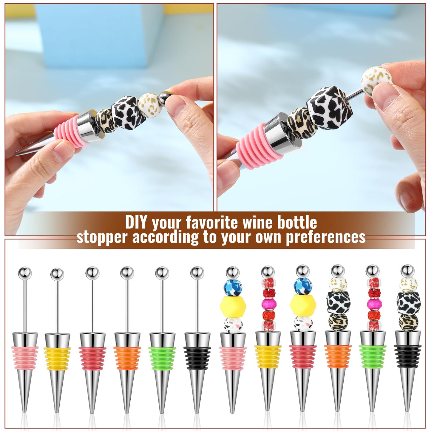 Tandefio 24 Pcs Beadable Wine Stoppers Bulk Bottles Decorative Beadable Wine Bottles Stopper Reusable for Beverage Gifts Holiday Party Wedding Bar