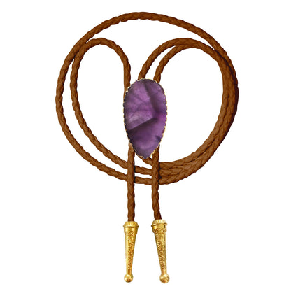 Daisy Del Sol Gemstone Bolo Tie Braided Vegan Faux Leather Natural Stone Gold Handmade Necklace Adjustable Boho Western Jewelry (Brown, Amethyst)
