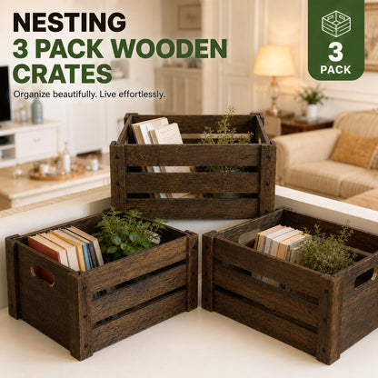 BOY MCOWBOY Wooden Crates for Display, 3 Pack Large Rustic Handmade Wood Crate for Storage, Wooden Basket with Handles, Nesting Crates Boxes for Container and Decor Living Room Outdoor Christmas