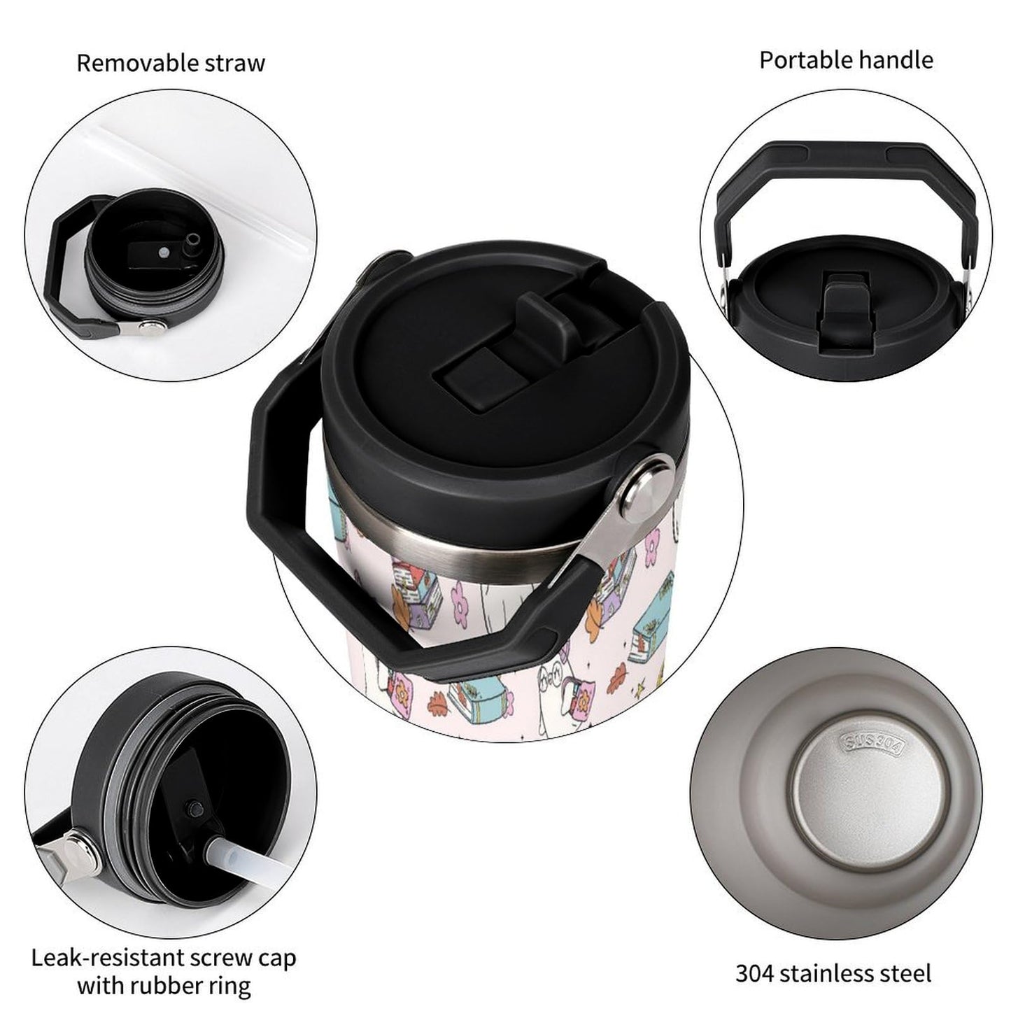 TOUNHEYA Halloween Tumbler with Handle Flip Straw Pink 30oz Insulated Stainless Steel Cup Ghost Reading Book Travel Coffee Mug Water Bottle for Women