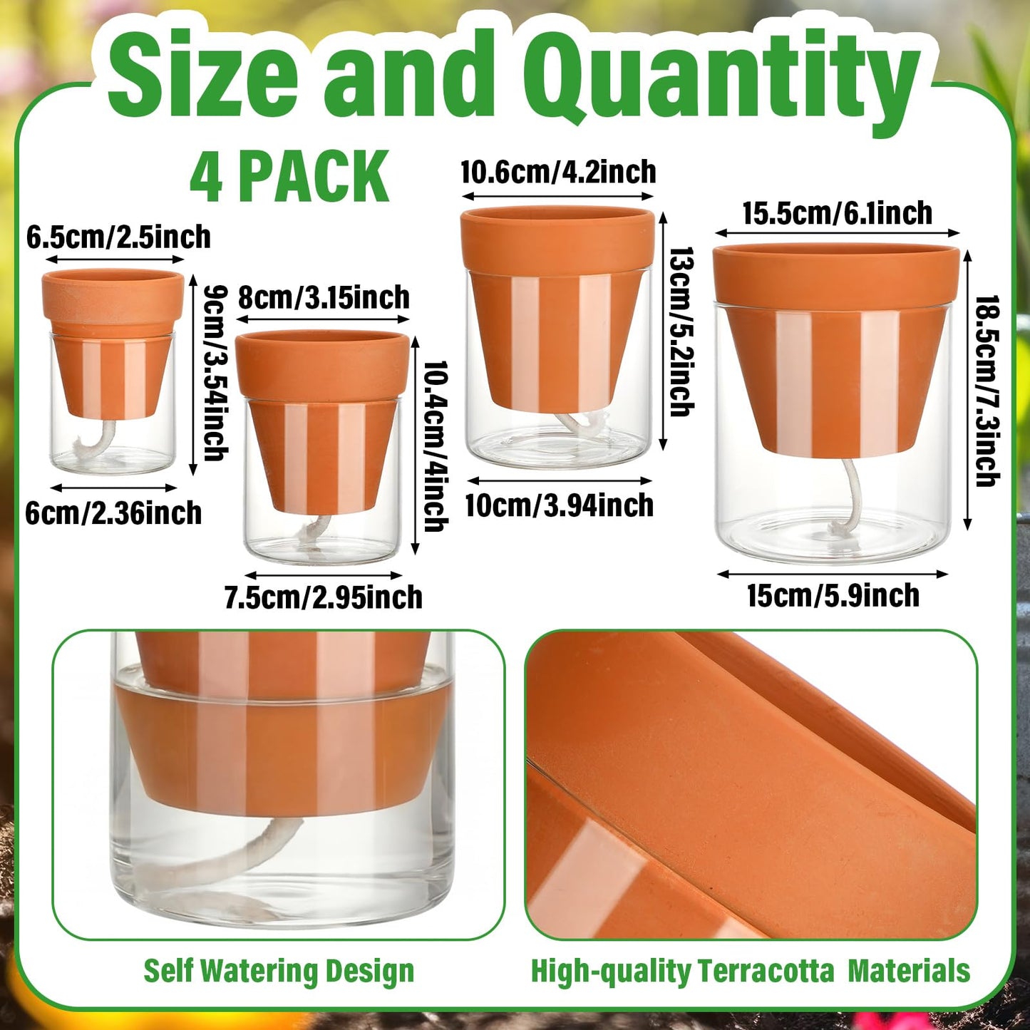 4 Pcs Terracotta Self Watering Pot for Indoor Plants 3in 4in 6in 8in Terracotta Planter with Cylinder Glass Cup and Self-water Pipe for Indoor Plants Herbs Flowers Ivy Outdoor Balconies Kitchen Office