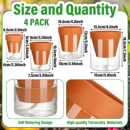 4 Pcs Terracotta Self Watering Pot for Indoor Plants 3in 4in 6in 8in Terracotta Planter with Cylinder Glass Cup and Self-water Pipe for Indoor Plants Herbs Flowers Ivy Outdoor Balconies Kitchen Office