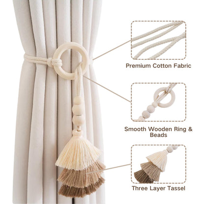 SPRFAIRY 2PCS Boho Curtain Tiebacks Handmade Rope Curtain Tiebacks Drapery Curtain Holdbacks for Indoor Outdoor Drapes Decorative (Beige)