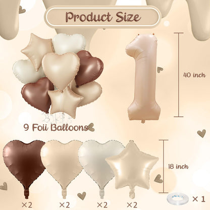 40 Inch Number 1 Balloon Decor, Cream Brown Foil Neutral Heart 1 Balloons with Taupe Star Helium Balloon for Girls Boys 1st Birthday Anniversary Baby Shower Party Boho Decoration Supplies
