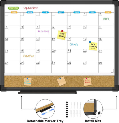 JILoffice Magnetic Calendar Whiteboard & Bulletin Corkboard Combination, Monthly Combo Board 17 x 13 Inch, Black Aluminum Frame Wall Mounted Board for Office Home and School