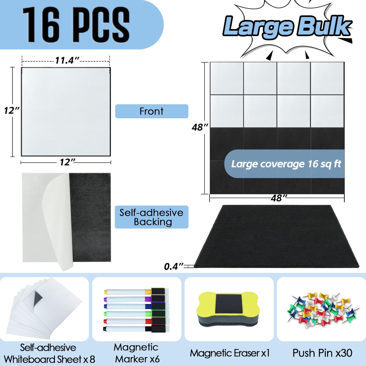 BXI Magnetic Dry Erase Whiteboard & Felt Bulletin Board with Pins Combo, 16 Pcs 12 X 12 X 3/8 Inch Self-Adhesive Vision Display Tiles, Note Memo Panels for Home School Education Office Wall Decor