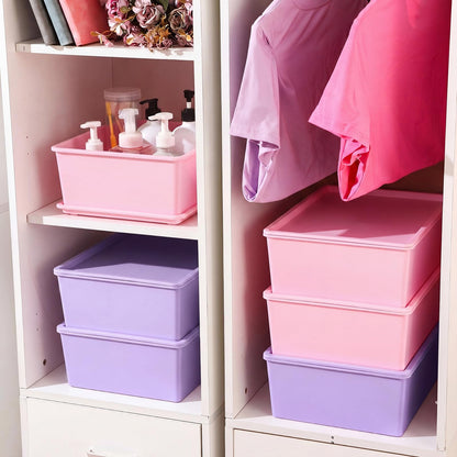 Menkxi 6 Pcs Large Plastic Storage Bins with Lids 14.4 x 10.4 x 5.1 Inch Stackable Storage Containers Decorative Cubby Organizer for Clothes Shelves Garage Closet Office (Pink, Purple)