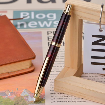 Jinhao 10 Press Fountain Pen with Box, Marble Red Retractable Extra Fine Nib with Ink Converter Set (Golden Clip)