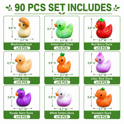 90Pcs Mini Resin Ducks Bulk, Vegetable Fruit Tiny Duck Figurines, Mushroom Pumpkin Strawberry Miniature Figures for Fairy Garden, Micro Landscape, Slime Charms, Cake Toppers, Small Prizes(DUCK)