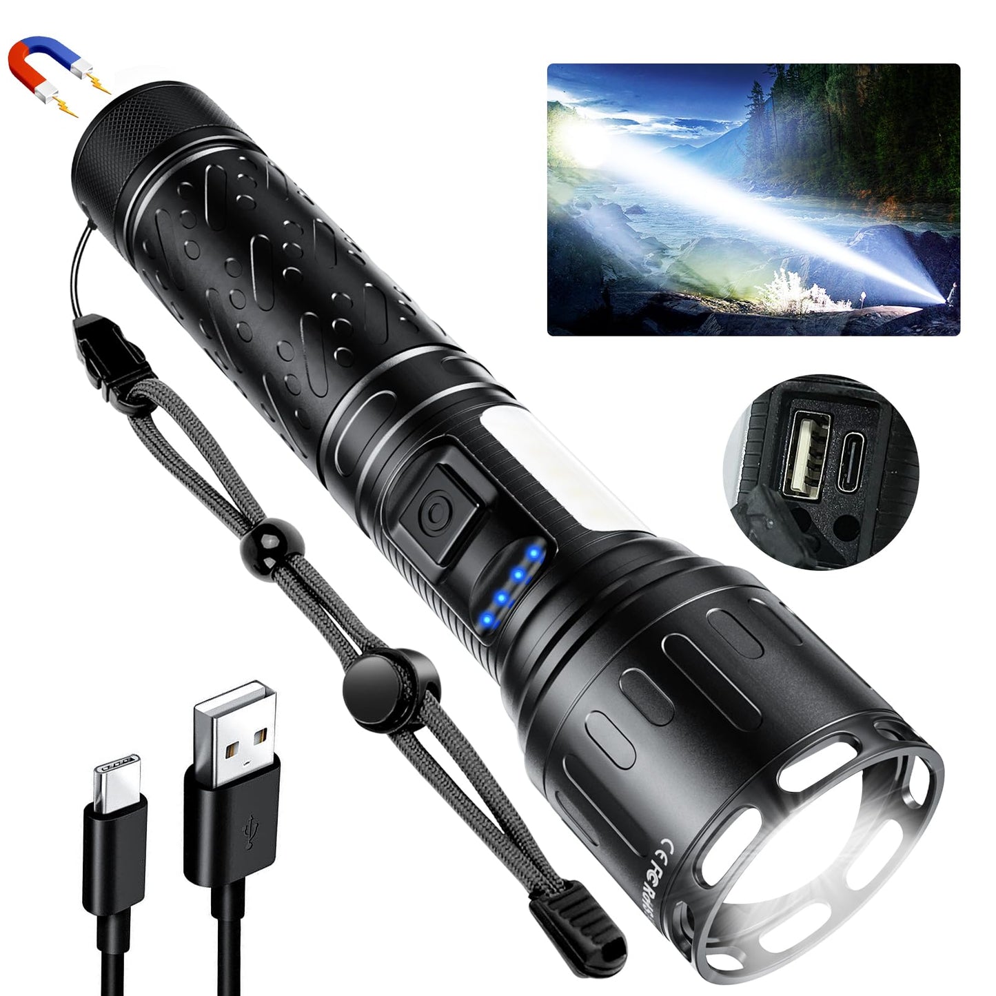 MOREVAC Flashlights High Lumens Rechargeable- Super Bright Tactical Magnetic LED Flash Light with 8 Modes,COB Work Light,Waterproof,Power Handheld Flashlight for Emergency,Hurricane,Hiking