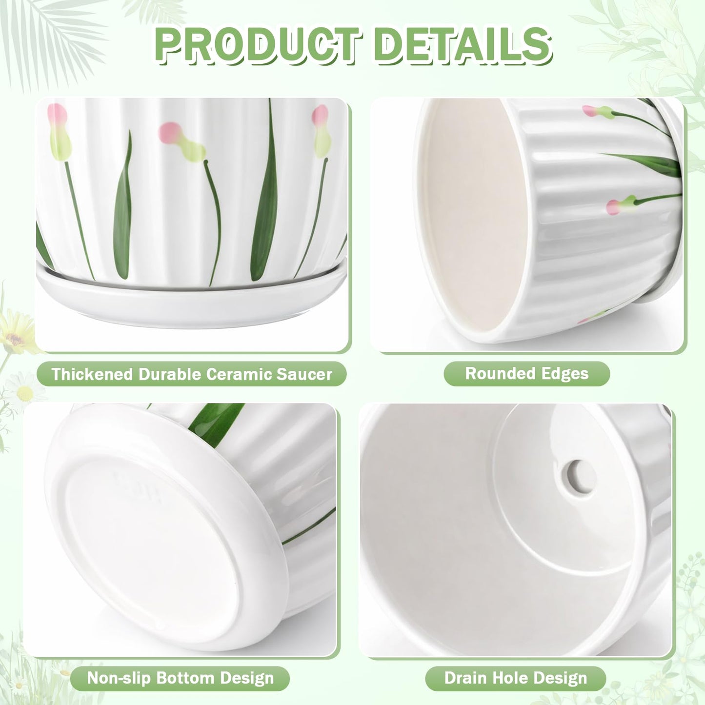Acellegic 4 Pack Ceramic Orchid Pots with Drainage Holes and Tray 3.35+4.33+5.51+6.61 Inch Ceramic Plant Pot White Garden Planter for Indoor Outdoor Home Decor Gifts for Plant Lovers
