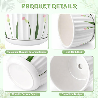 Acellegic 4 Pack Ceramic Orchid Pots with Drainage Holes and Tray 3.35+4.33+5.51+6.61 Inch Ceramic Plant Pot White Garden Planter for Indoor Outdoor Home Decor Gifts for Plant Lovers