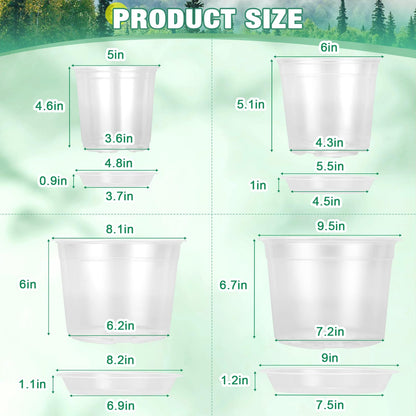 RAOOKIF 10/8/6/5 Inch Clear Nursery Pots with Drainage Hole and Saucers, 12 Pack Large Nursery Pots for Plants for Indoor Outdoor, Plastic Clear Plant Pots for Flowers, Succulents, Vegetables