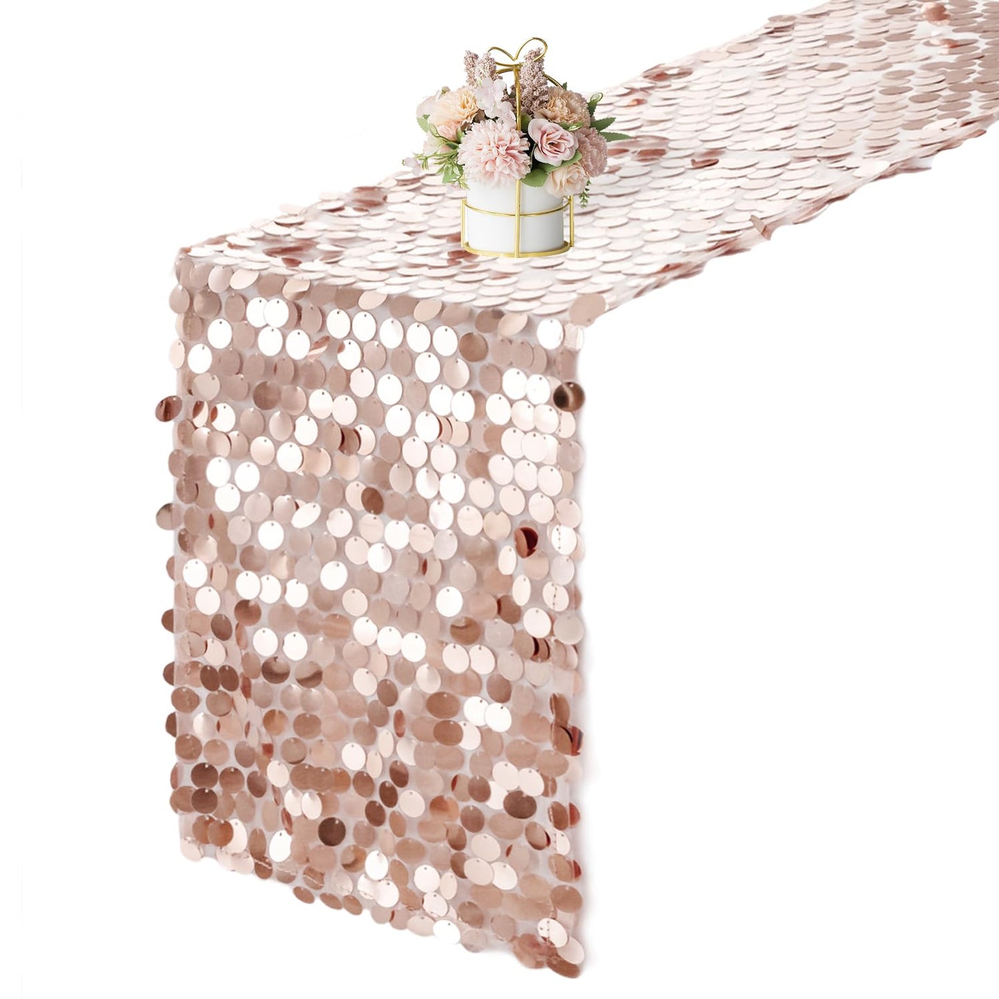 Yblut 12 x 108 Inch Rose Gold Sequin Table Runner Glitter Rectangle Big Sequin Table Runner for Wedding Party Birthday Christmas Halloween Decoration (1 Pack)