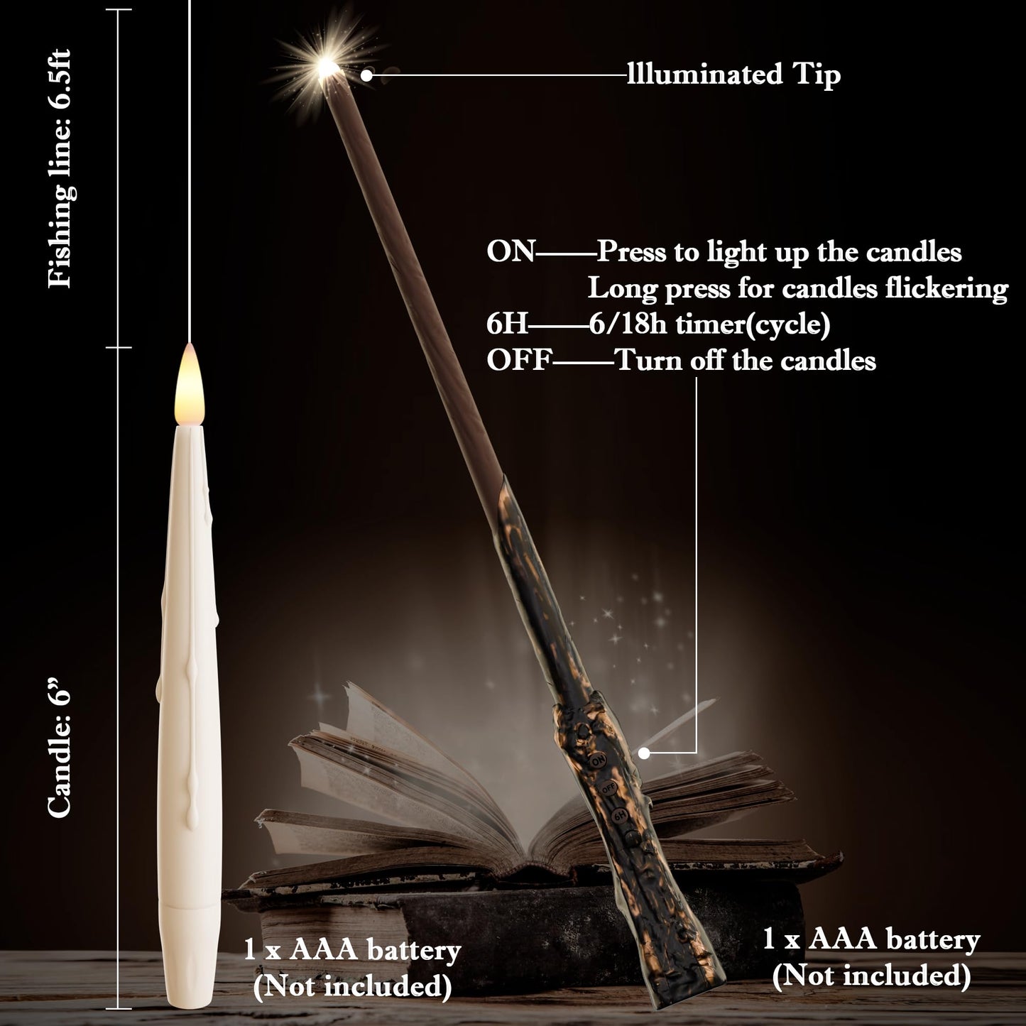 JOIONE Floating Candles with Wand, 12 Pack Hanging Candles with Magic Wand Remote, Battery Powered Floating Candles with Wand, Flameless Magic Hanging Taper Candles for Xmas Halloween Decor, Ivory
