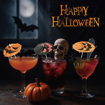 140 Pcs Halloween Pumpkin Cocktail Drink Umbrella Picks, 4 Inch Spooky Paper Toothpicks with Pumpkins Cocktail Umbrellas Fruit Dessert Cupcake Topper Sticks for Halloween Party Decorations (Orange)