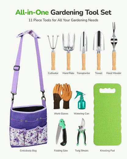 All-in-One Garden Tool Set, 11-Piece Heavy Duty Gardening Tools with Ergonomic Canvas Shoulder Crossbody Bag, Rust-Proof Premium Garden Tool Kit, Gardening Gift for Women Men (Purple)