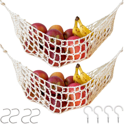 Tullace 2-Pack Hanging Fruit Hammock with Hooks - Macrame Under Cabinet Veggie Banana Basket, Hand-Woven Boho Fruit Holder, Save Counter Space for Kitchen Home RV Boat (Ivory)