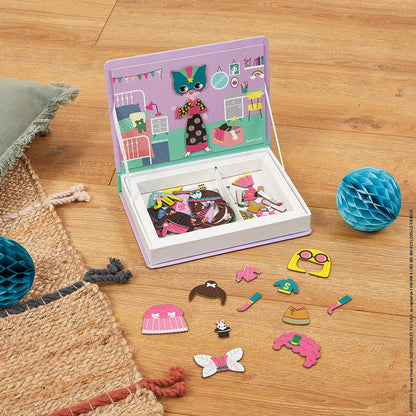 Janod - MagnetiBook 55 pc Magnetic Girl's Costumes Game - Creative Play - Enhances Creativity and Cognitive Skills - Portable Design, STEM Learning, Boosts Confidence
