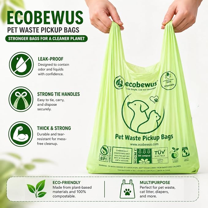 100% Compostable XL Pet Waste Bag (120 ct.) Plant-Based Biodegradable Cat Litter Poop Bags Doggy Poop Bags with Handles Compost Liners US BPI ASTM D6400 & OK Compost Home Certified (120 ct)
