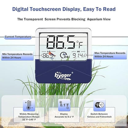 hygger Digital Aquarium Thermometer Records Max Min Temperature Sensor Gauge with LCD Display Stickable Fish Tank Thermometer for Saltwater, Freshwater, Fish, Amphibians, Reptiles