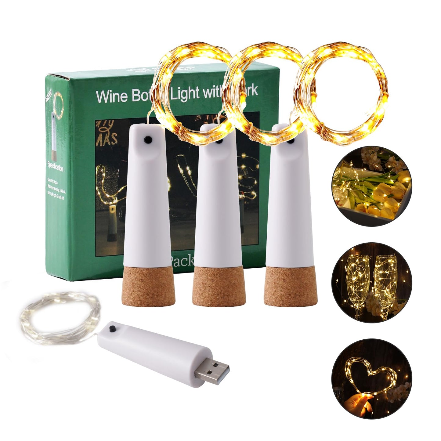 Godinsky Wine Bottle Lights - 4 Pack Rechargeable Battery Operated 140mAh 20 LED Bottle Stoppers，8 Light Modes Switching,Perfect for Christmas, Weddings, Halloween, and More(Warm)