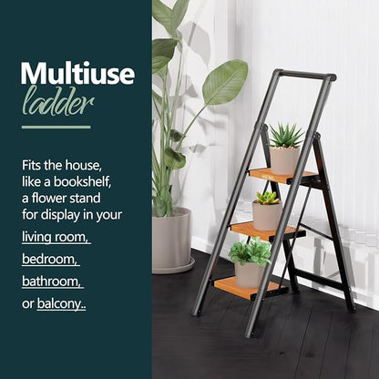 WOA WOA 3 Step Ladder, Ladders for Home, Anti-Slip Pedals, Aluminum Step Stool Foldable, Lightweight to Move, Ease of Storage, Reach 8ft for Closet Kitchen Library, Hold 300lbs - Black&Wood Grain