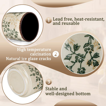 Teecyhooo Kitchen Ceramic Utensil Holder Rustic 5.5" Green Floral Utensil Crock for Countertop Tuscany Cooking Tools Storage Caddy for Spatula Spoon Farmhouse Decor Housewarming Gift