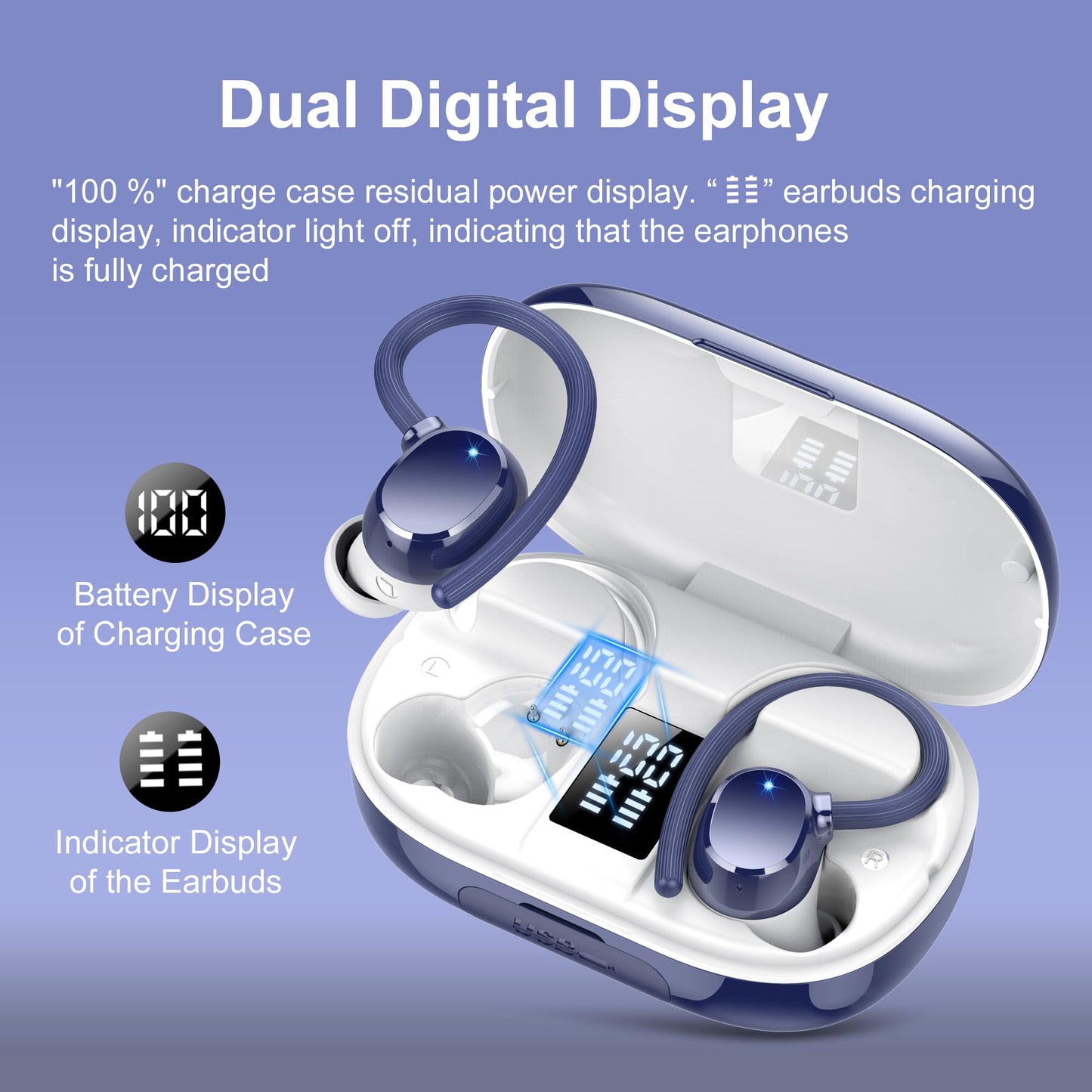 hadbleng Ear Buds Wireless Earbuds Bluetooth Headphones with 128H Playtime LED Digital Display Charging Case, Over-Ear Hook with Mic, Stereo Sound, IPX7 Waterproof Earphones for Workout/Running