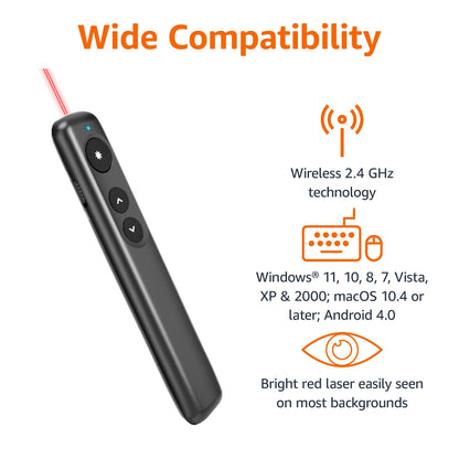 Amazon Basics Wireless Presenter Remote, Presentation Clicker with Red Laser Pointer, PowerPoint Clicker, Slide Advancer, 2.4GHz, Plug & Play, Battery Operated, Hyperlink