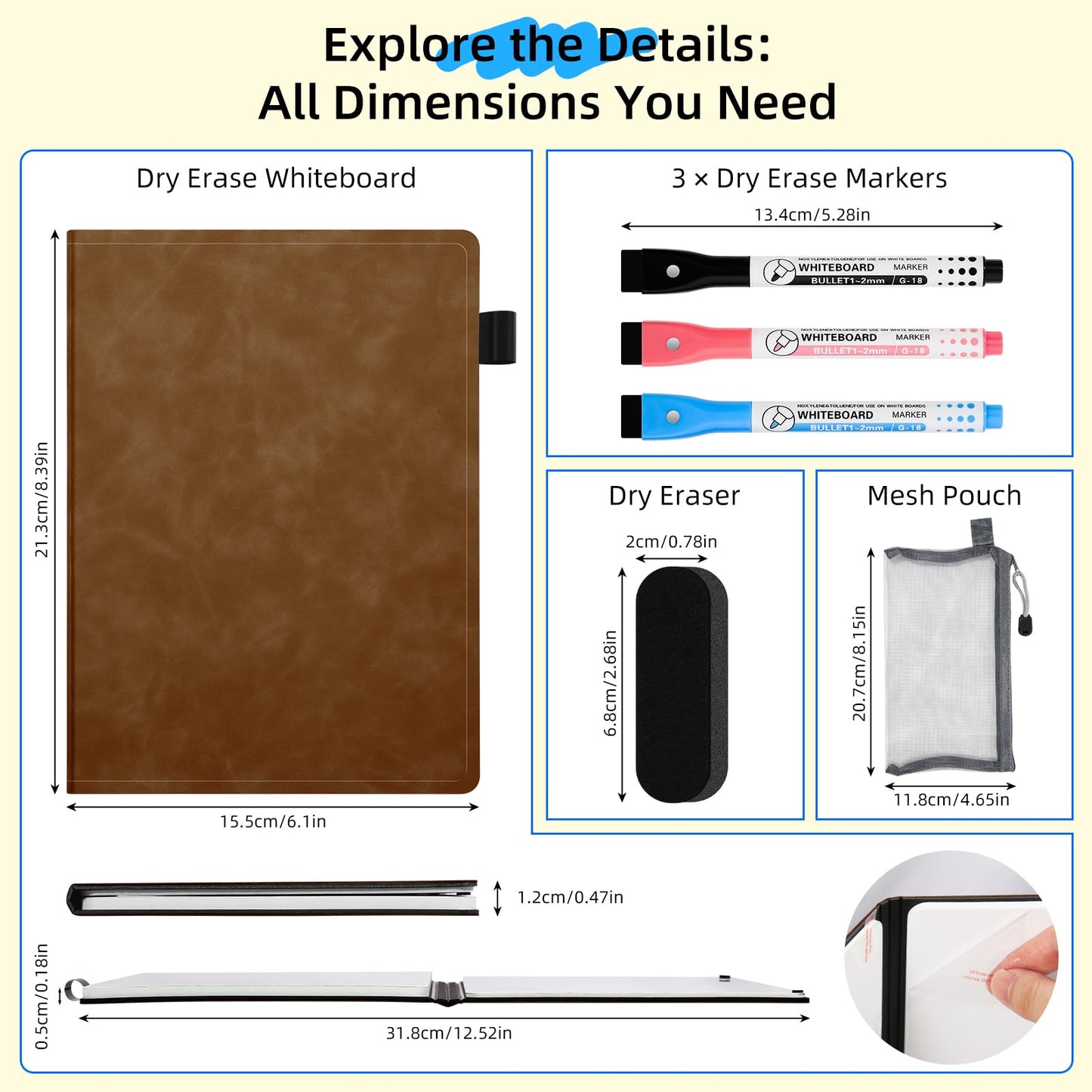 AGM Portable White Board Dry Erase Notebook, 8.4" x 6" Double Sided Folding Whiteboards with 3 Pens, Small Travel Dry Erase Board Skin-Friendly Material for Study, Meeting, Planning, Brown