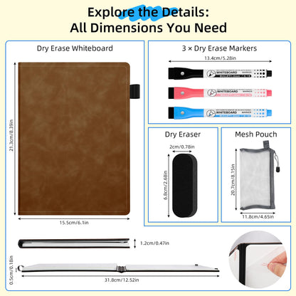 AGM Portable White Board Dry Erase Notebook, 8.4" x 6" Double Sided Folding Whiteboards with 3 Pens, Small Travel Dry Erase Board Skin-Friendly Material for Study, Meeting, Planning, Brown
