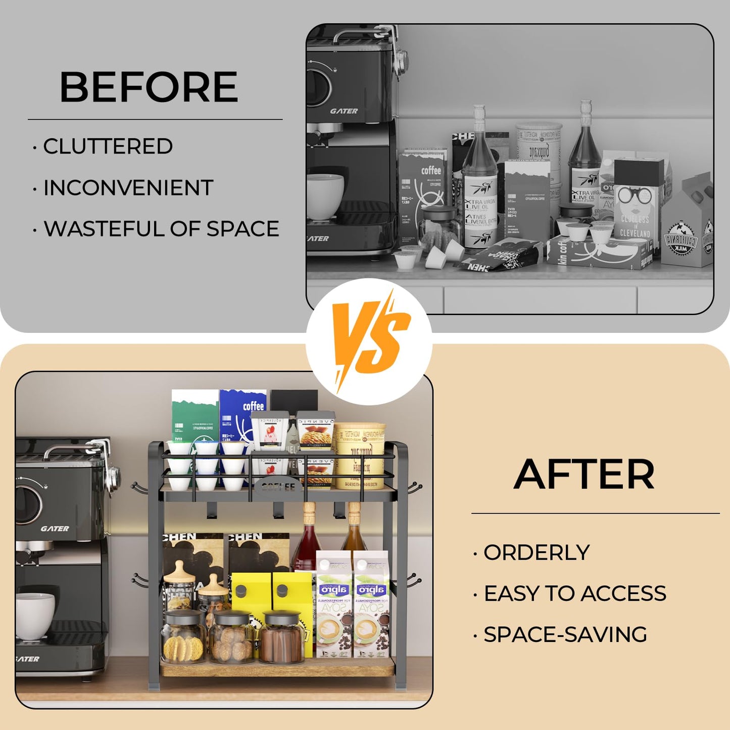 Vivise Coffee Bar Organizer Coffee Cup Holder 2 Tier Mug Stand Rack for Countertop Kitchen Storage with 14 Hooks