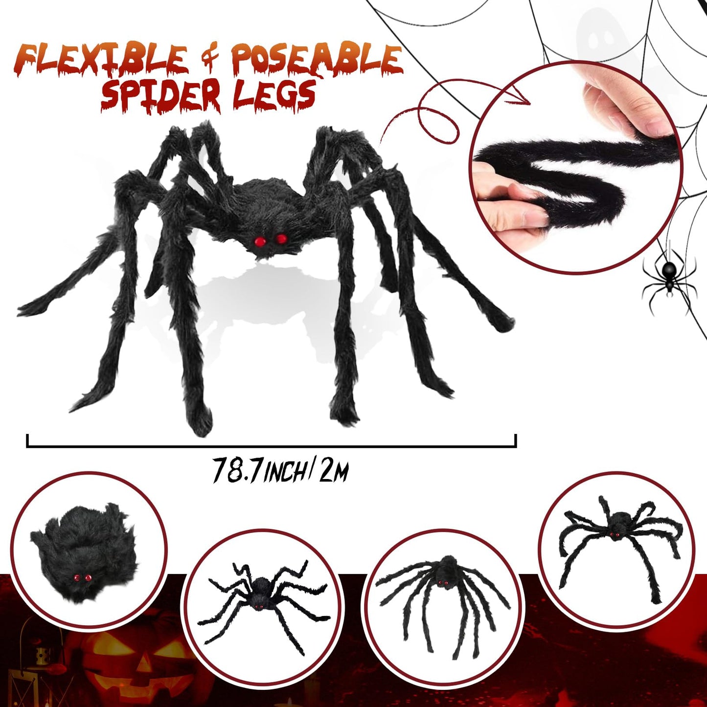 Giant Spider 6.6 Ft, 78" Halloween Decorations Fake Halloween Decor Spiders Large, Furry Spiders for Outdoor Indoor Yard Home Costumes Party House Décor, 1 Pack