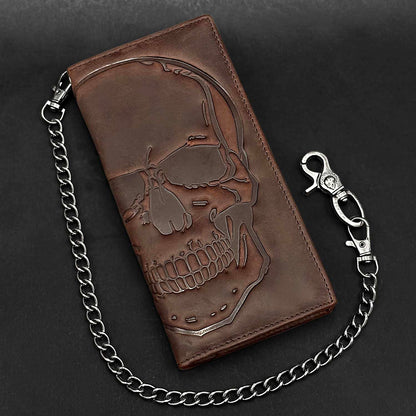 Paomadeng Skull Long Bifold Wallet for Men Full Grain Cowhide Genuine Leather Biker Wallet with Chain, RFID-Blocking, Brown