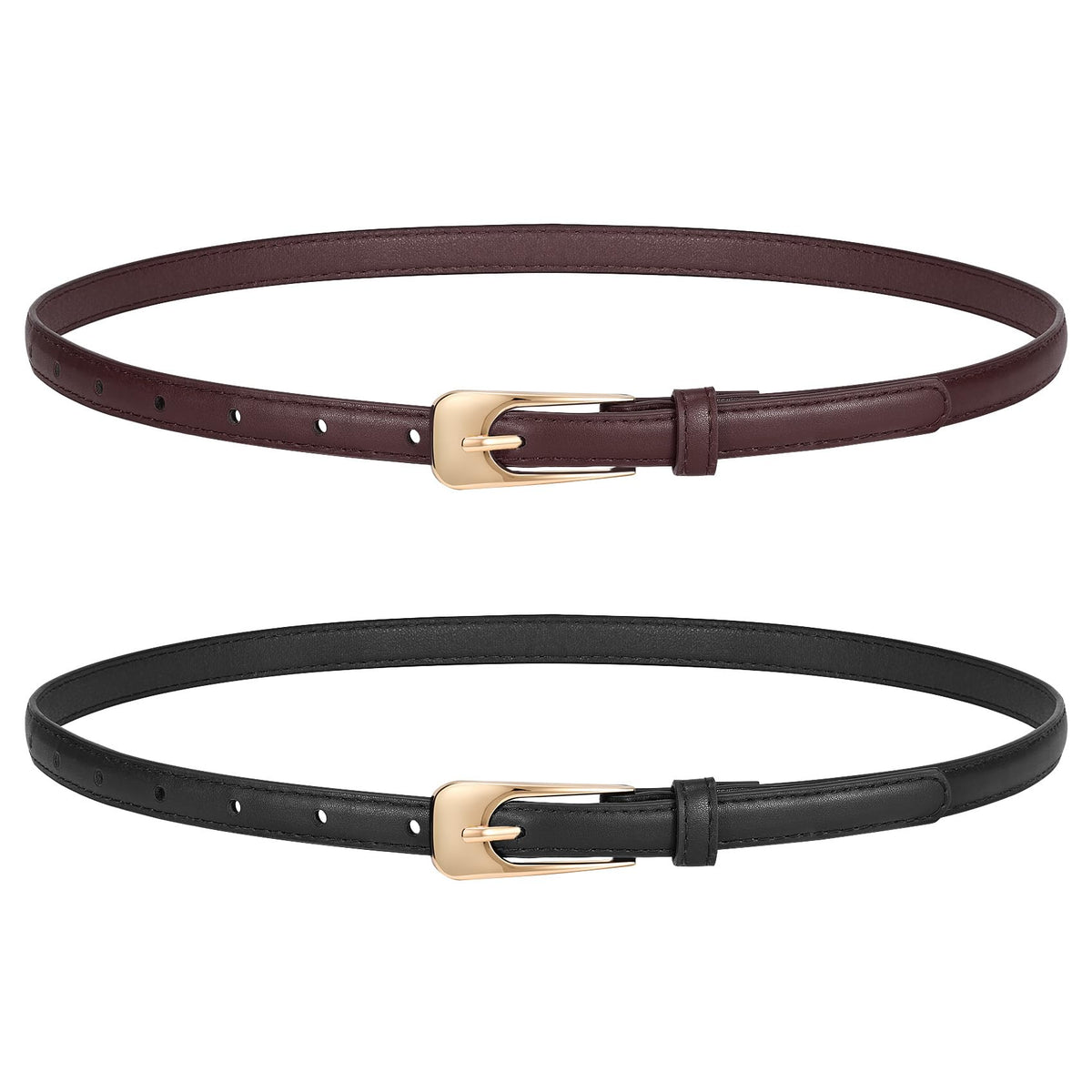 LEACOOLKEY 2 Pack Women Thin Leather Belts Ladies Skinny Waist Belt for Dresses Jeans 0.55" Width